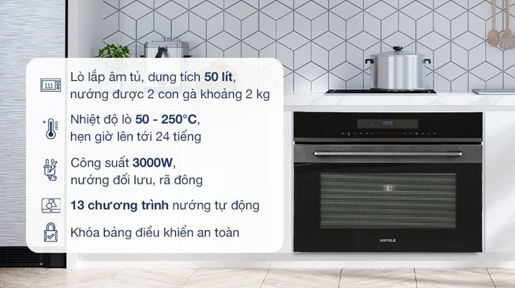 Lò nướng kết hợp vi sóng lắp âm Hafele HCO-8T50A (538.01.431) 50 lít được bán với giá 25.690.000 đồng (cập nhật 15/04/2023 và có thể thay đổi theo thời gian)