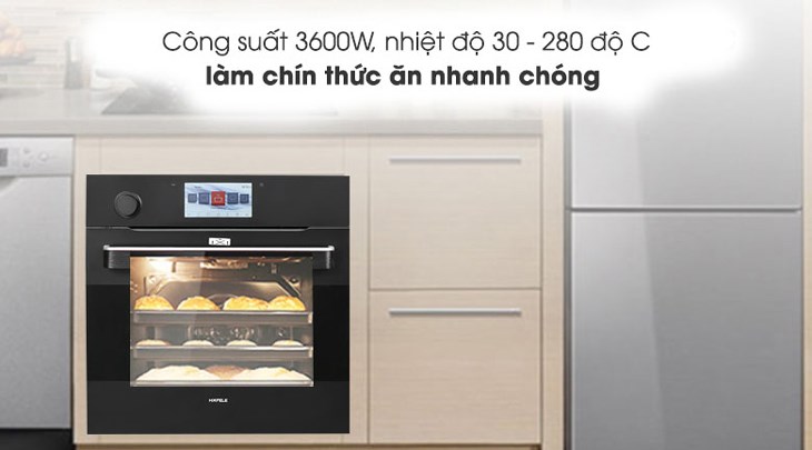 Lò nướng và hấp lắp âm Hafele HO-T60B (535.02.711) 65 lít hoạt động với công suất 3600W, giúp bạn nướng thức ăn chín nhanh và vàng đều các mặt