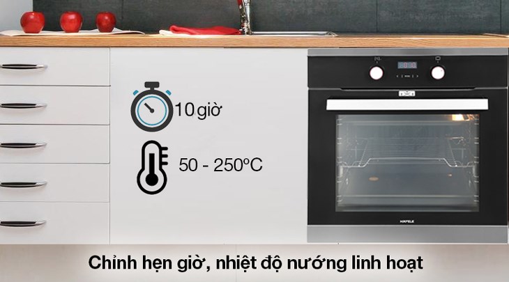 Bạn có thể cài đặt hẹn giờ nướng lên đến 10 giờ trên lò nướng âm Hafele HO-KT60C (534.05.571) 65 lít để tiết kiệm thời gian làm nhiều việc khác cùng lúc