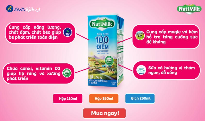 Lốc 4 hộp sữa tươi Nutimilk Newzealand ít đường 180 ml