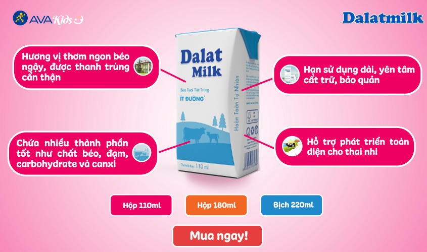 Thùng 48 hộp sữa tươi Dalat Milk ít đường 180 ml