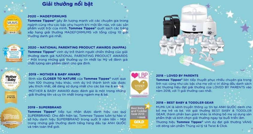 Tommee Tippee đã mang lại vô số thành tựu chứng minh chất lượng của mình