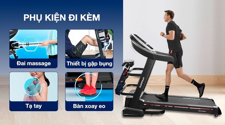 Máy chạy bộ Daikiosan DKCB-00002 được trang bị nhiều phụ kiện như đai massage, tạ giúp tăng hứng thú tập luyện tại nhà cho người dùng