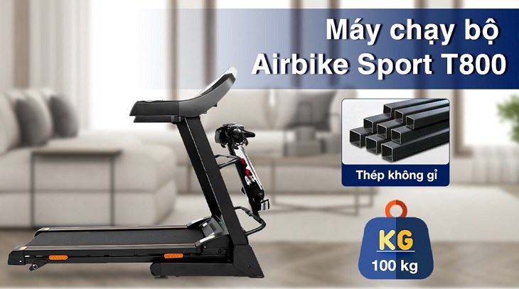 Máy chạy bộ Airbike Sport T800 là thiết bị phù hợp với người mong muốn tập luyện cường độ cao nhờ trang bị đai massage và piston trợ lực 