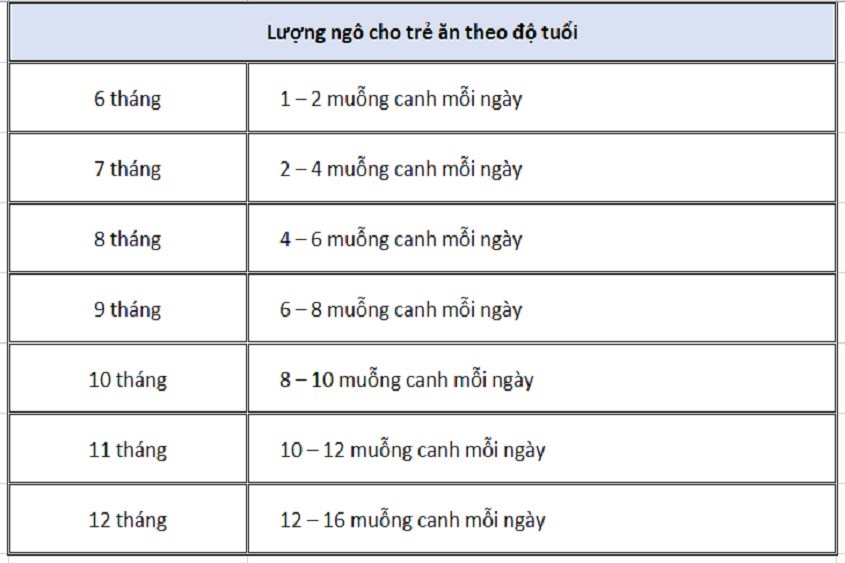 Trẻ 6 tháng tuổi nên ăn bào nhiêu ngô