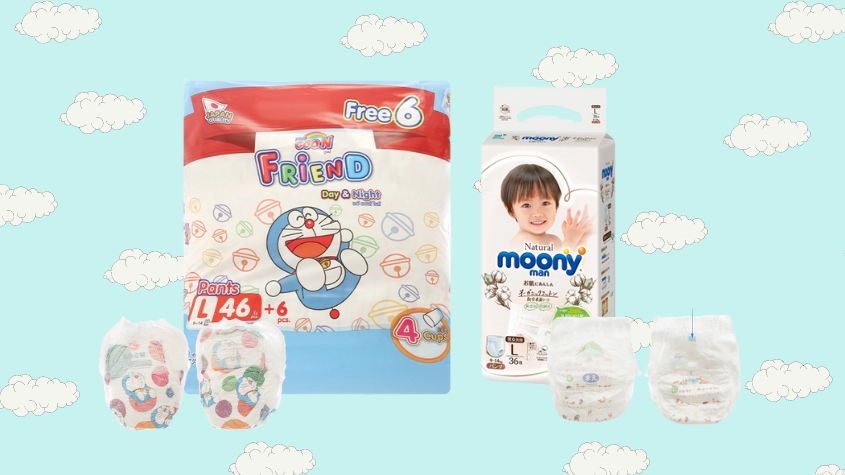 Tã quần GOO.N Friend Pants size L 52 miếng và Tã quần Moony Natural size L 36 miếng