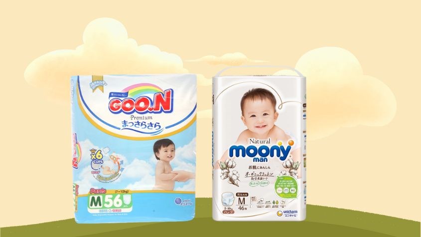 Tã quần GOO.N Premium size M 56 miếng và Tã quần Moony Natural size M 46 miếng