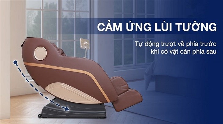 Cảm ứng lùi tường trên ghế massage Fuji Luxury PT607 sẽ tự động trượt về phía trước khi có vật cản giúp bảo vệ an toàn cho người sử dụng