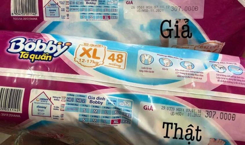 Bỉm Bobby thật có HSD in thẳng hàng, ô ghi to ngang bảng size