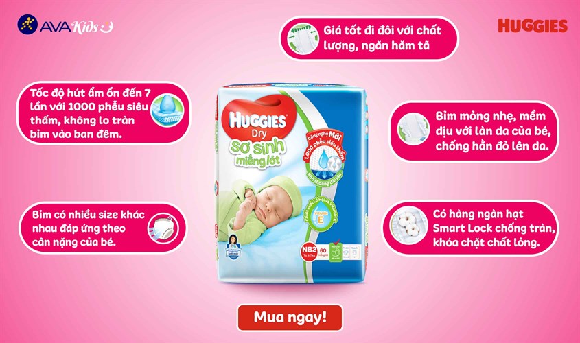 Tã lót Huggies Dry size NB2 60 miếng (4 - 7 kg)