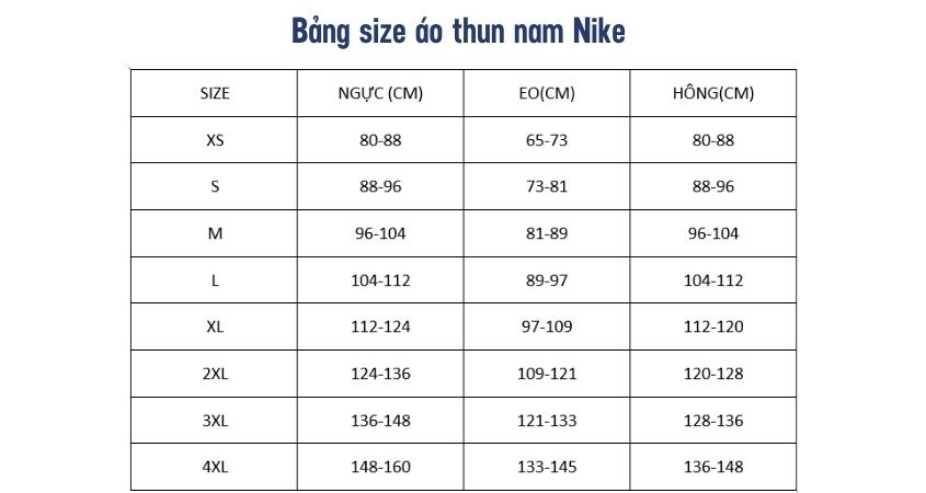 Bảng size áo thun nam Nike
