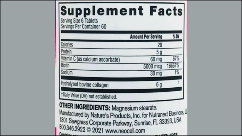 Bảng thành phần của viên uống Neocell Super Collagen + Vitamin C