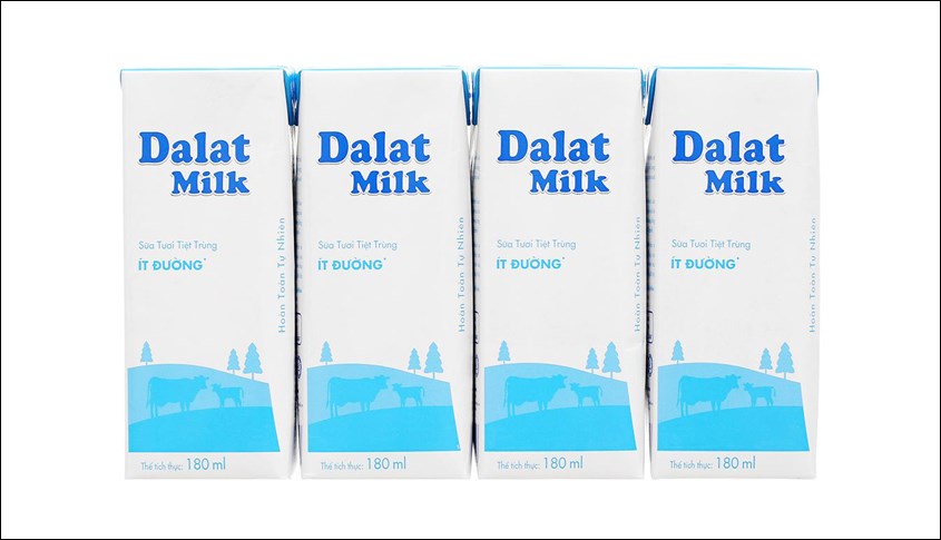 Lốc 4 hộp sữa tươi DalatMilk ít đường 180 ml
