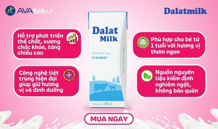 Lốc 4 hộp sữa tươi Dalat Milk ít đường 180 ml (từ 1 tuổi)