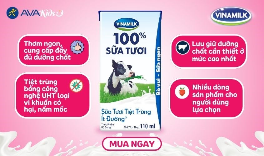 Lốc 4 hộp sữa tươi Vinamilk ít đường 180 ml (từ 1 tuổi)