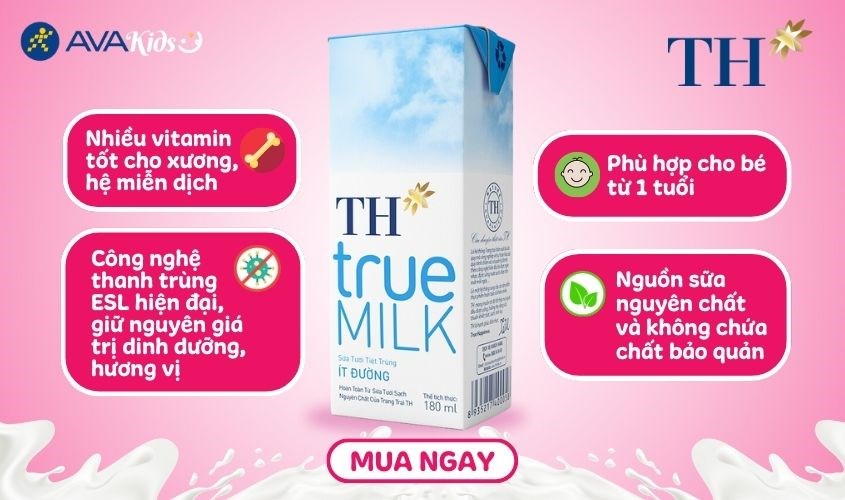 Lốc 4 hộp sữa tươi TH true MILK ít đường 180 ml (từ 1 tuổi)