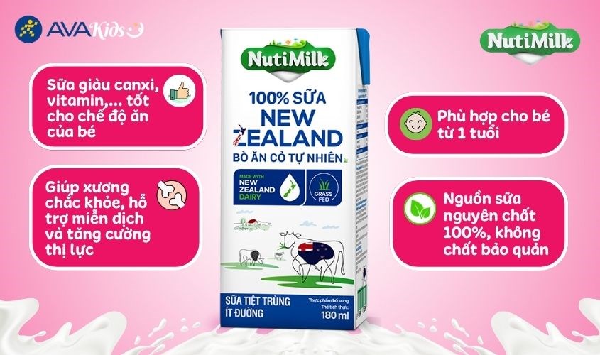 Lốc 4 hộp sữa tươi Nutimilk New Zealand ít đường 180 ml (từ 1 tuổi)