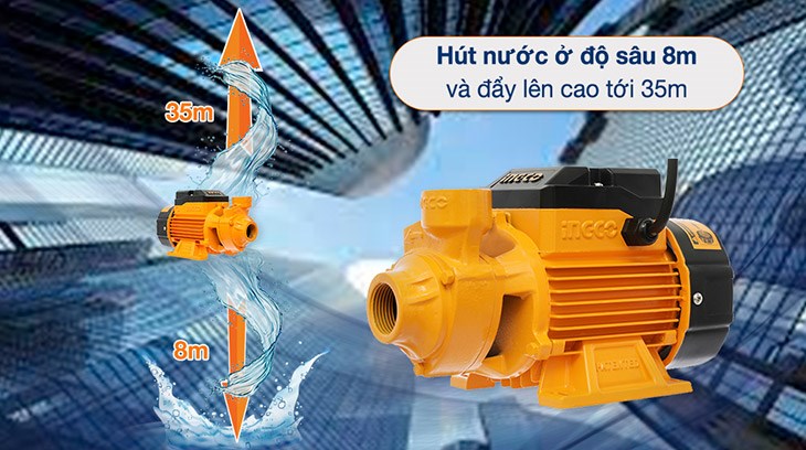 Máy bơm nước đẩy cao Ingco VPM3708 370W có khả năng hút nước từ nguồn nước sâu và đẩy lên cao với tổng chiều cao hút đẩy lên đến 43m