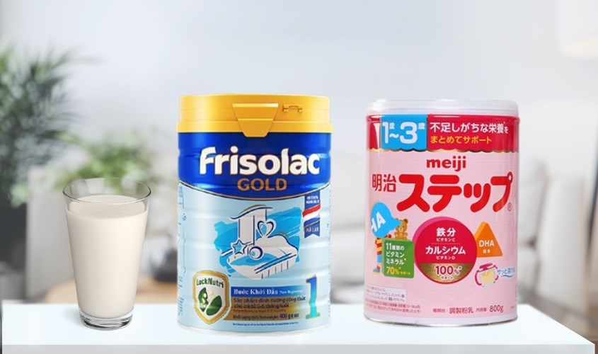 Sữa bột Frisolac Gold số 1 hương vani 850g và Sữa bột nội địa Nhật Meiji Step Milk 800g