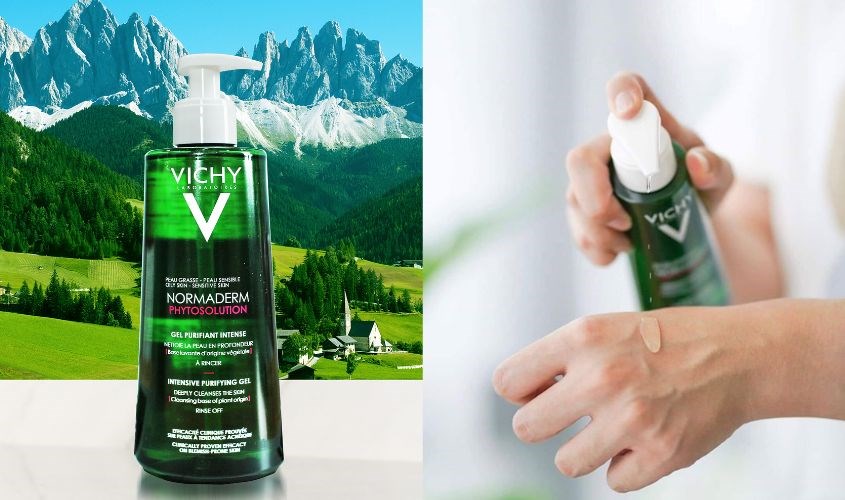 Sữa rửa mặt Vichy có thiết kế với tông màu xanh tươi mát