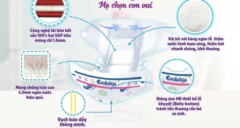 Bỉm Goldgi khả năng hút chất lỏng rất tốt, sử dụng 100% hạt phần tử SAP an toàn cho da bé