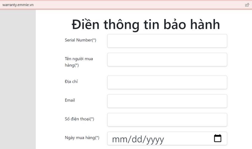 Bảng điền thông tin kích hoạt chính sách bảo hành