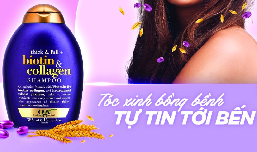 Dầu gội OGX Thick Full Biotin Collagen 385ml giúp bảo vệ tóc trước khi uốn