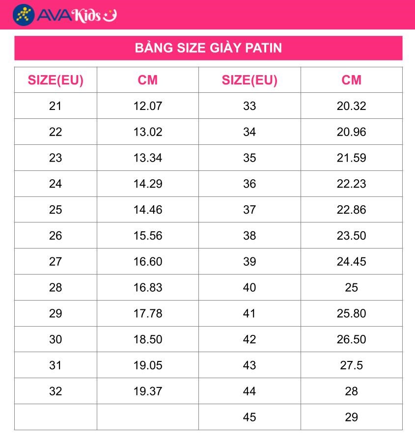 Bảng size giày patin