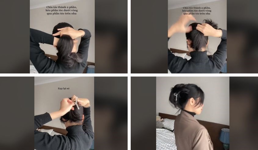 Cách buộc tóc cao rồi dùng kẹp càng cua cố định