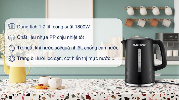 Bình đun siêu tốc Sunhouse 1.7 lít SHD1306 sở hữu nhiều ưu điểm vượt trội