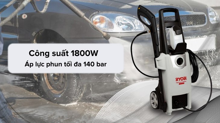 Máy phun xịt rửa áp lực cao Ryobi AJP-1610 1800W hoạt động với công suất 1800W, tạo áp lực phun 140bar, giúp đánh bay các vết bẩn nhanh chóng