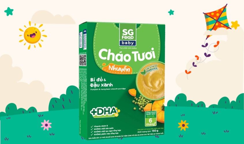 Cháo tươi nhuyễn SG Food Baby vị bí đỏ, đậu xanh gói 150g (từ 6 tháng)