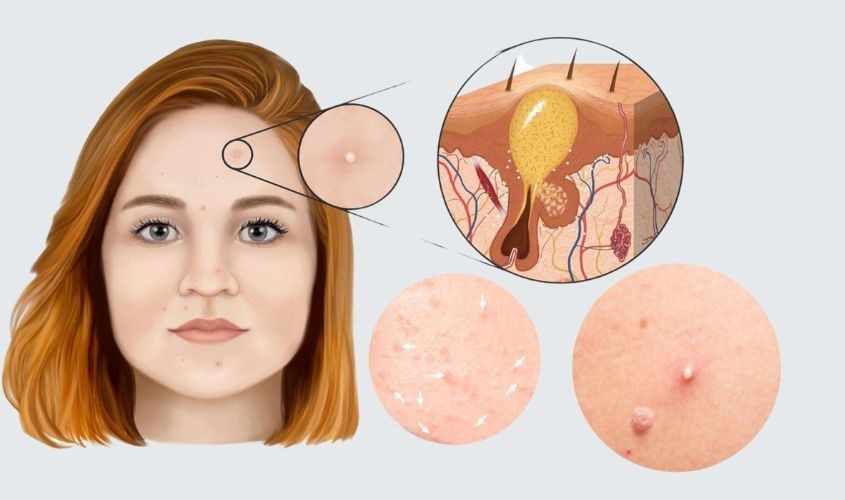 Mụn đầu trắng hình thành do tích tụ tế bào chết, vi khuẩn,... gây tắc lỗ chân lông