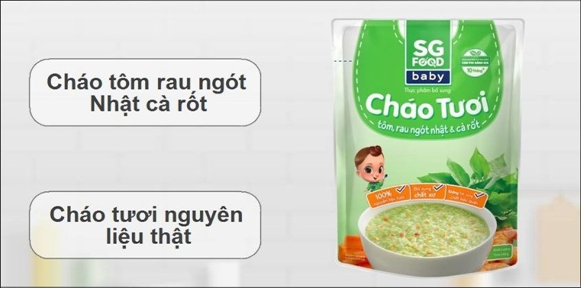 Cháo tươi SG Food Baby vị tôm, rau ngót Nhật và cà rốt gói 240g