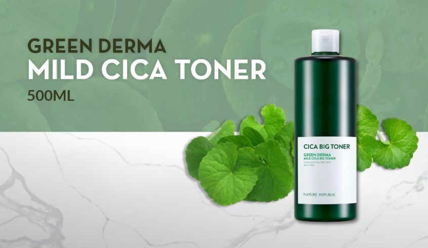 Toner cấp ẩm làm dịu da Nature Republic Green Derma Mild Cica chiết xuất Rau Má và Keo Ong 500 ml