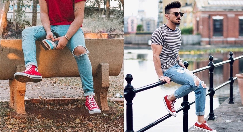 Phối giày thể thao đỏ với quần jean sáng màu