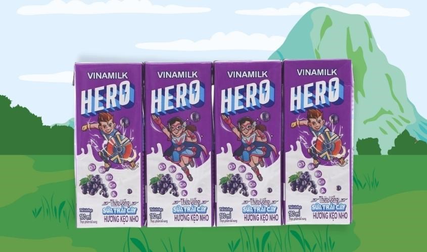 Lốc 4 hộp sữa trái cây Vinamilk Hero hương kẹo nho 180 ml