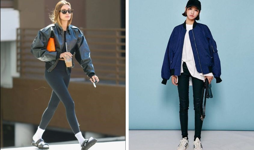 Phối quần legging với áo bomber