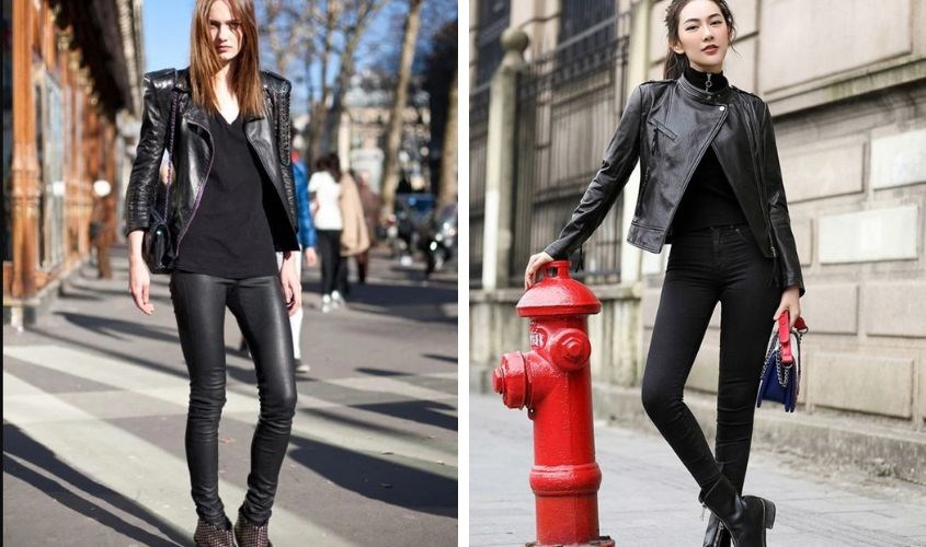 Phối quần legging với áo khoác da