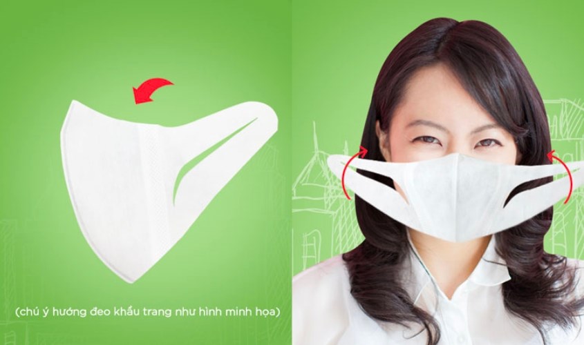 Tách khẩu trang đúng theo chiều mũi tên, lần lượt đeo hai quai khẩu trang vào vành tai