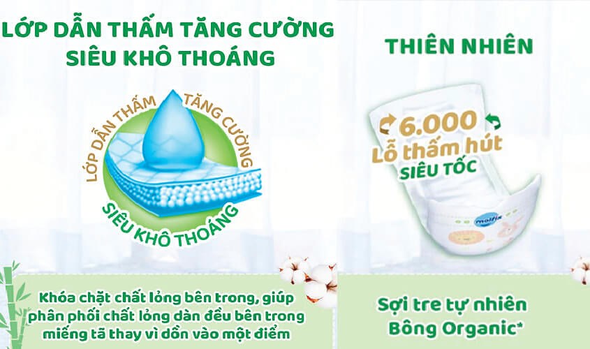 Bề mặt tã được cấu tạo từ bông Organic và sợi tre cùng với 5000 lỗ thấm hút thần tốc