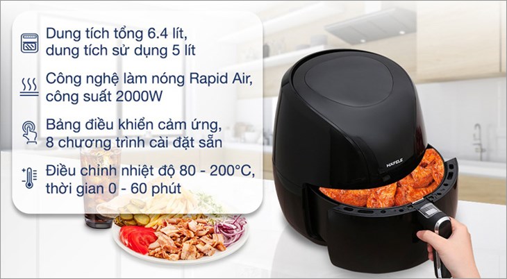 Nồi chiên không dầu Hafele HS-AF601B (535.43.714) 6.4 lít được tích hợp 8 chương trình nấu tự động, đáp ứng nhu cầu nấu nướng đa dạng của người dùng