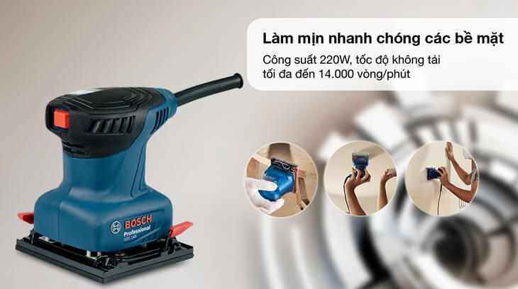 Máy chà nhám vuông Bosch GSS 140 220W giúp làm mịn bề mặt gia công nhanh chóng, tối ưu thời gian và chất lượng công việc