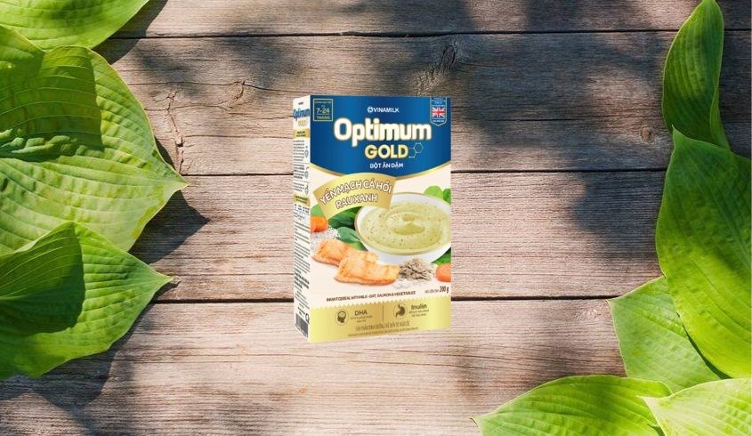 Bột ăn dặm Optimum Gold yến mạch, cá hồi và rau xanh hộp 200g (7 - 24 tháng)