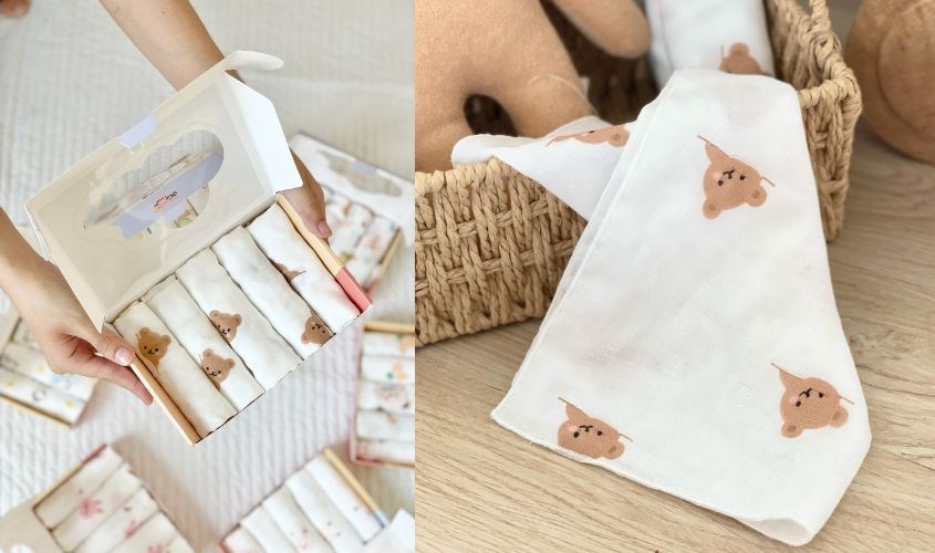 5 cái khăn sữa sợi tre Bessla 2 lớp 30x30 cm - Gấu nghiêng mặt