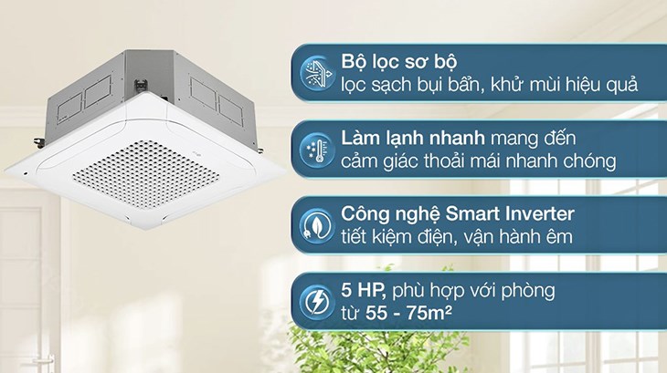 Máy lạnh âm trần LG Inverter 5 HP ZTNQ48GMLA0 có khả năng làm lạnh nhanh chóng, tiết kiệm điện năng