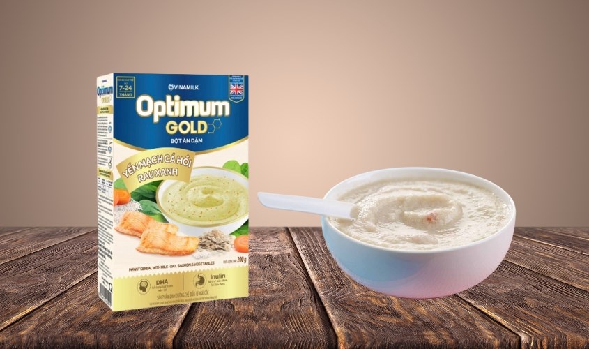 Bột ăn dặm Optimum Gold yến mạch, cá hồi và rau xanh hộp 200g (7 - 24 tháng)