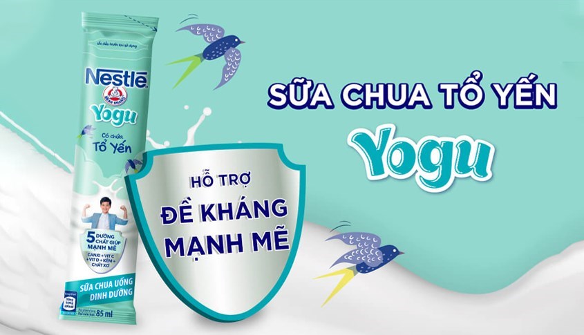 Gói sữa chua uống thanh trùng Nestlé Yogu vị tổ yến siêu bổ dưỡng, bổ sung thêm chất xơ hỗ trợ hệ tiêu hóa bé khỏe mạnh.