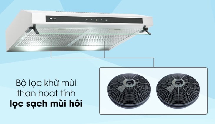 Bộ lọc của máy hút mùi áp tường Malloca H342.7 TC khử mùi bằng than hoạt tính kèm theo máy giúp khử sạch mùi hôi, mùi thức ăn có trong không gian bếp