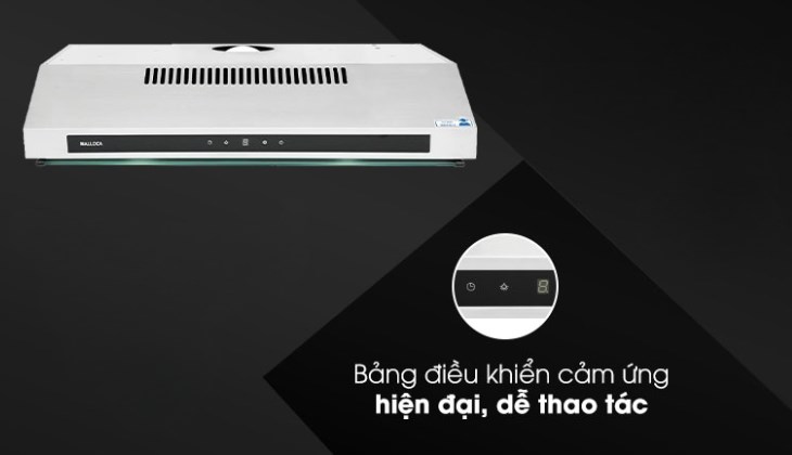 Bảng điều khiển cảm ứng trên máy hút mùi áp tường Malloca H342.7 TC hiện đại, cực nhạy giúp người dùng dễ thao tác